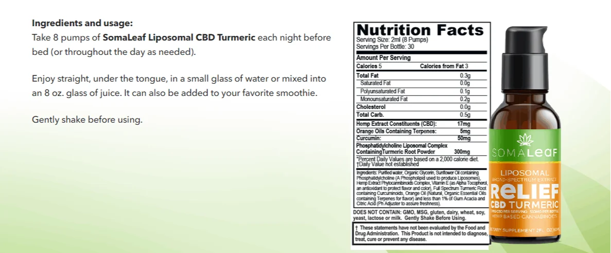 SomaLeaf CBD Turmeric Ingredients Label